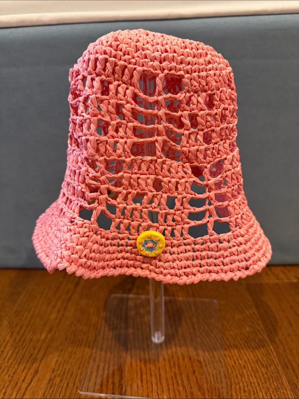 Maria La Rosa Handcrafted Coral Crochet Bucket Hat with Decorative Button